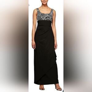 Alex Evenings Empire Waist Ruched Glitter Formal Dress NWOT size 12 Black